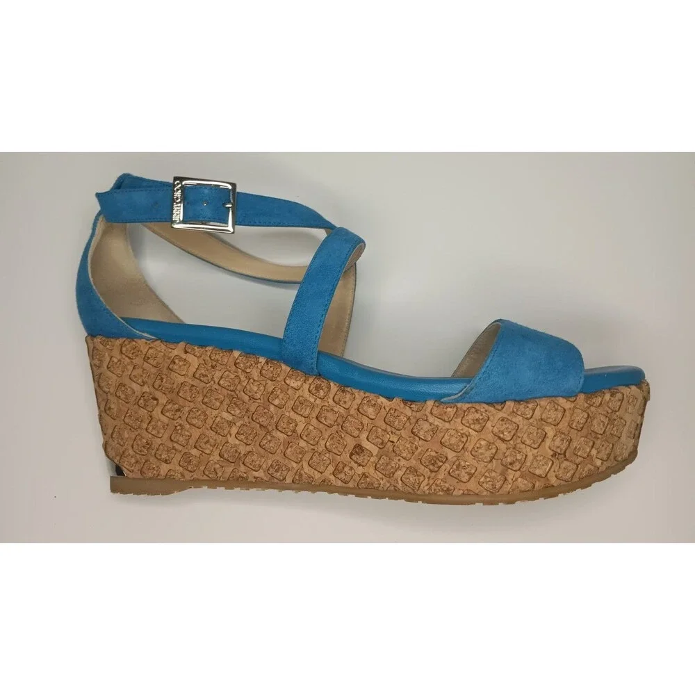 Jimmy Choo Wedge Sandals Blue Suede Cork Espadrilles Made in Spain Size 38 - Picture 4 of 16